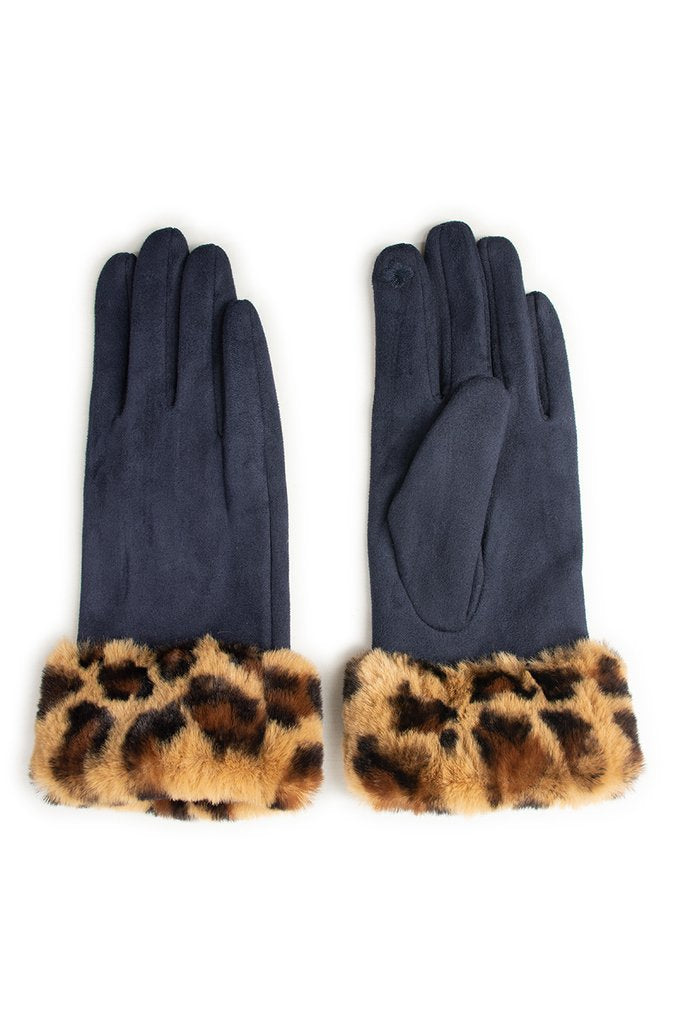 Faux Fur Leopard Gloves Navy