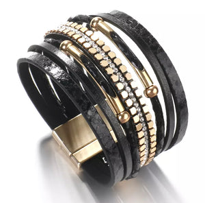 Black Leather Bracelet With Magnetic Clasp