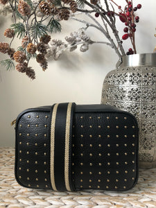Black Leather Crossbody Bag With Gold Studs