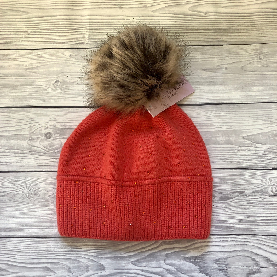 Angora Blend Coral Bobble Hat With Crystals