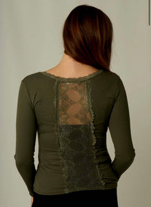 Long Sleeve Khaki Top With Lace Panel