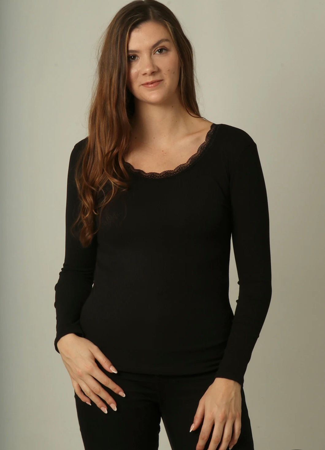 Long Sleeve Black Top With Lace Panel