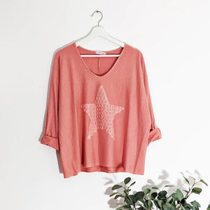 Raised Star V Neck Top Salmon