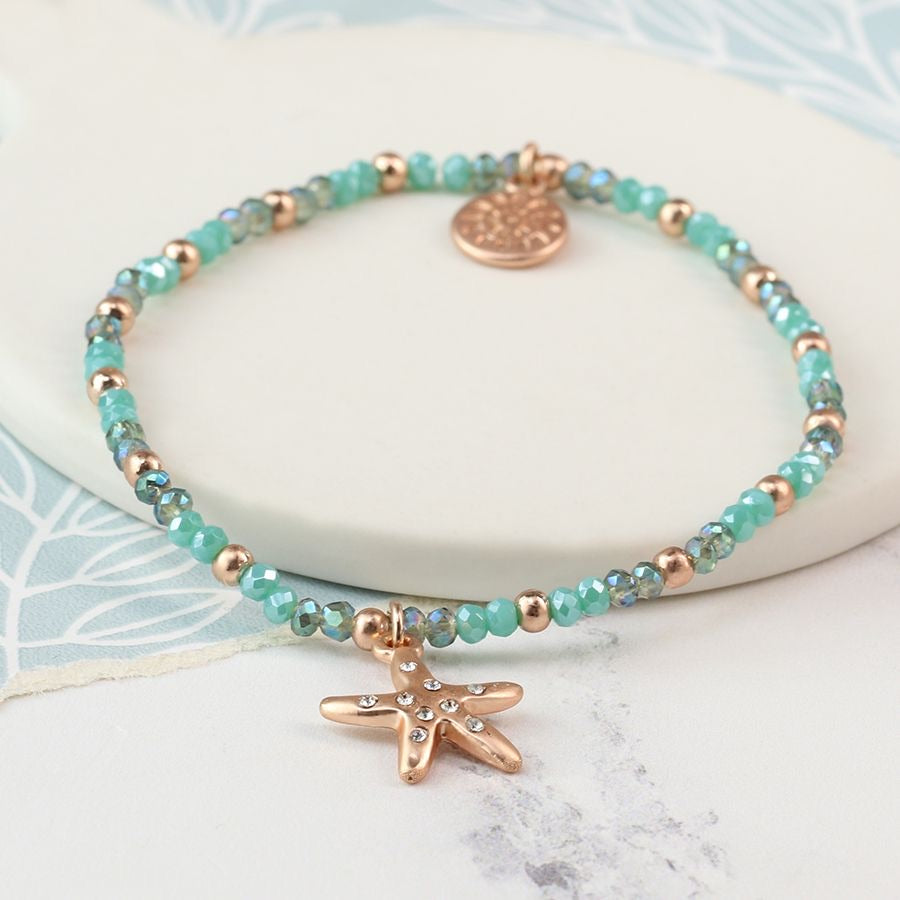 Aqua Bead And Rose Gold Starfish Bracelet