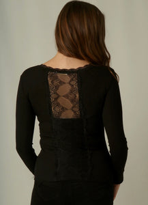 Long Sleeve Black Top With Lace Panel