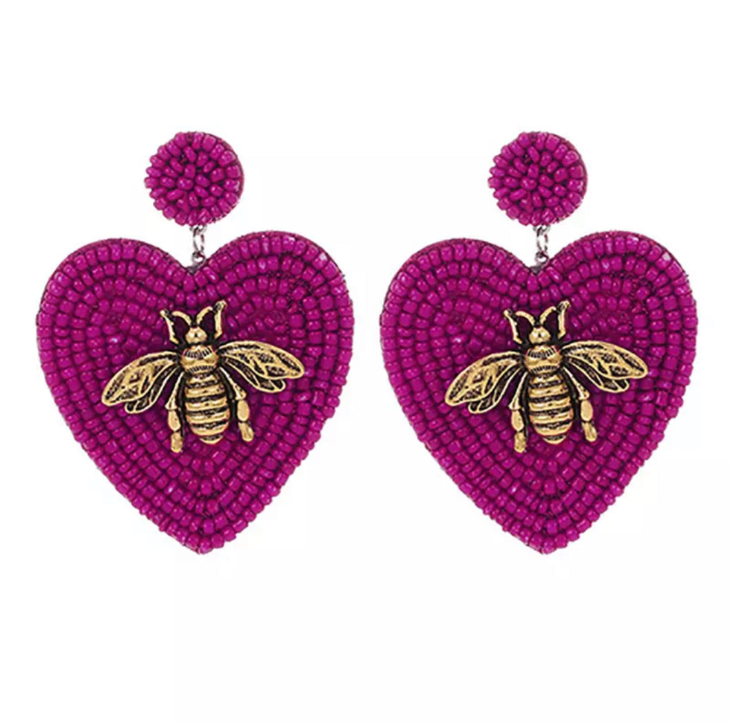 Heart Beaded Earrings Fuchsia