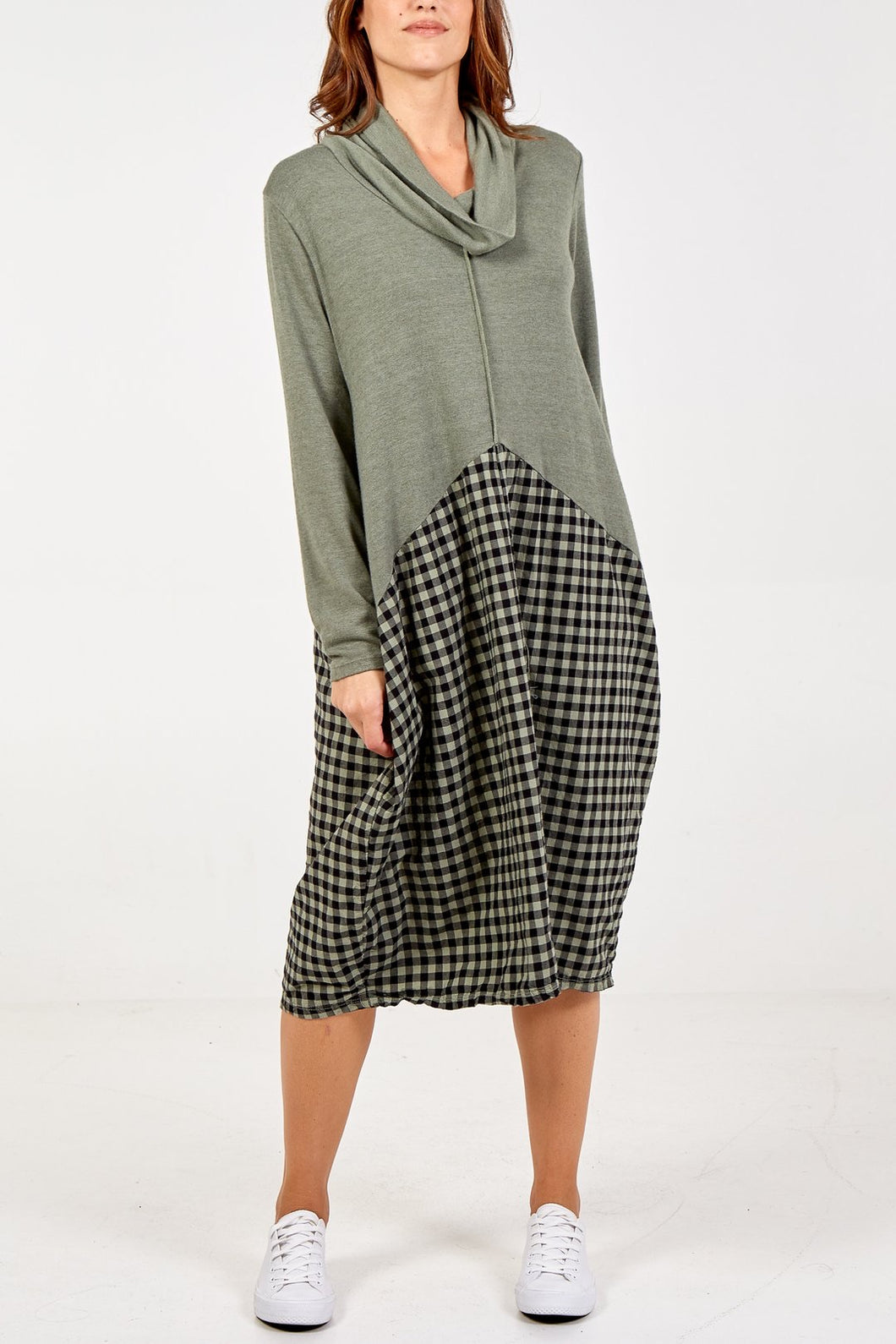 Cowl Neck Gingham Sweater Dress