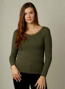 Long Sleeve Khaki Top With Lace Panel