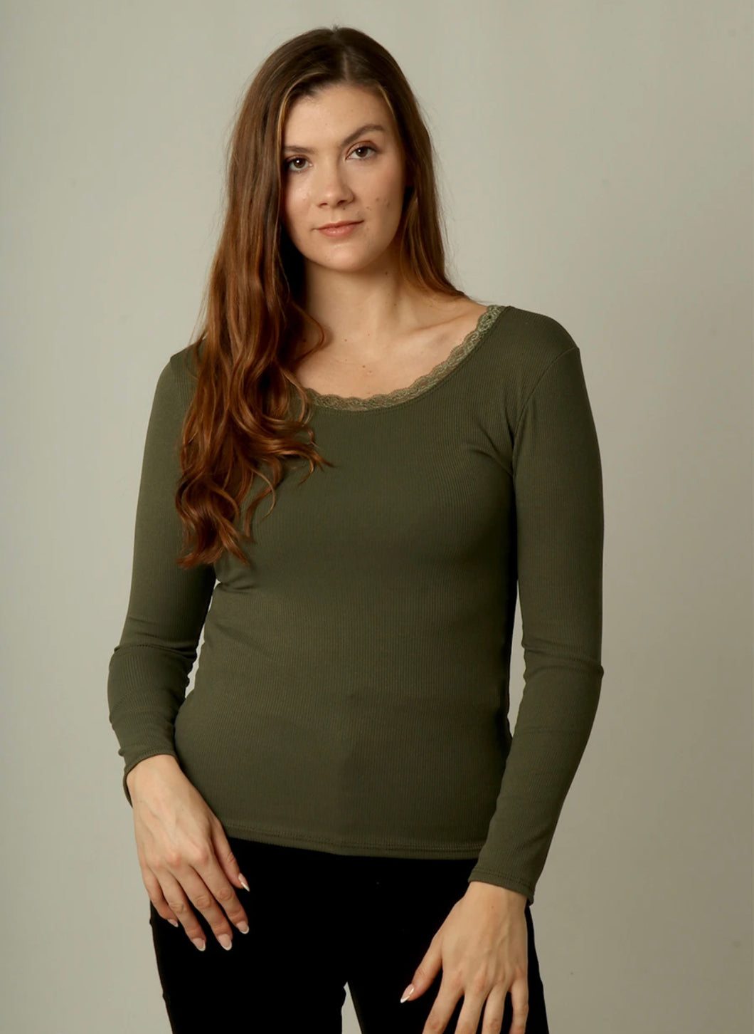 Long Sleeve Khaki Top With Lace Panel