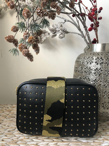 Black Leather Crossbody Bag With Gold Studs