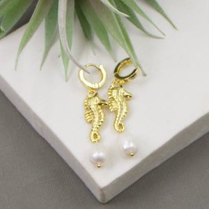 Seahorse And Pearl Drop Huggie Earrings