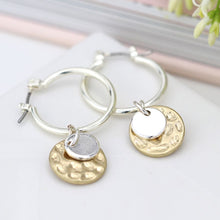 Load image into Gallery viewer, Hoop Earrings With Hammered Gold And Silver Disc
