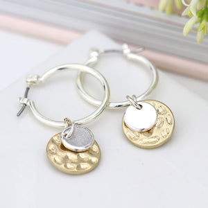 Hoop Earrings With Hammered Gold And Silver Disc