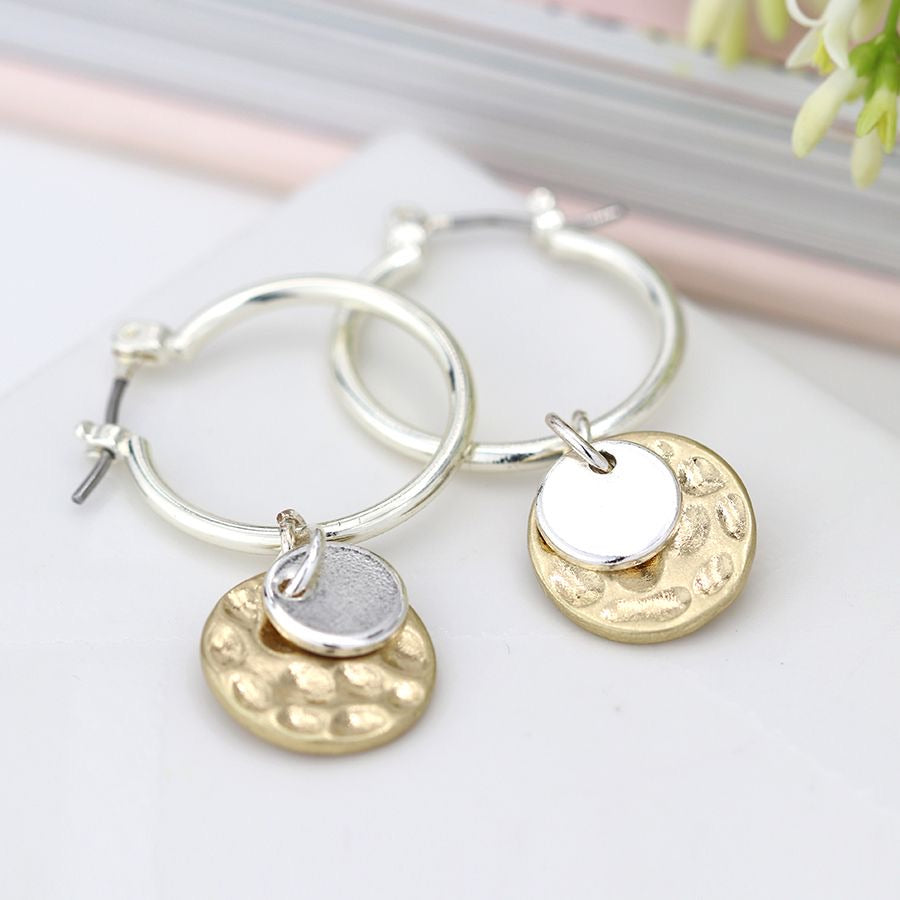 Hoop Earrings With Hammered Gold And Silver Disc