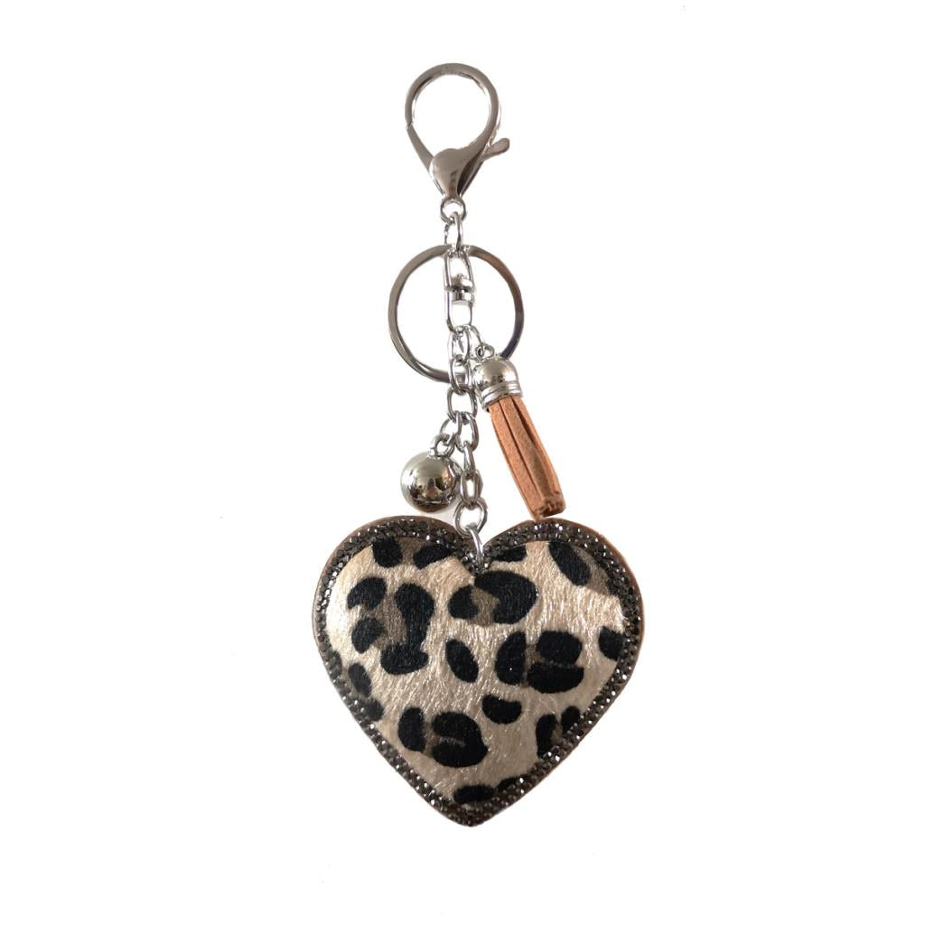 Faux Fur Heart Key Ring Leopard