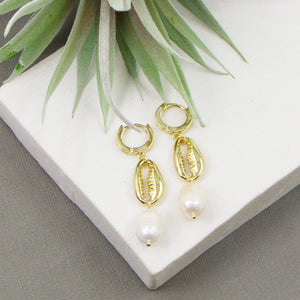 Cowrie And Pearl Drop Huggie Earrings