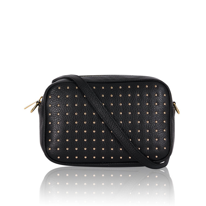 Black Leather Crossbody Bag With Gold Studs