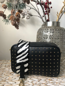 Black Leather Crossbody Bag With Gold Studs