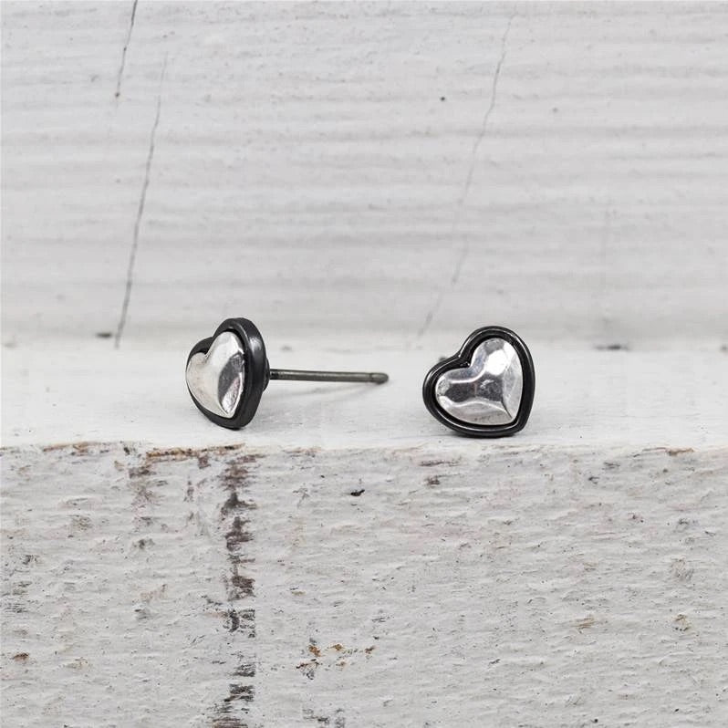 Mini Silver Heart Studs With Black Frame